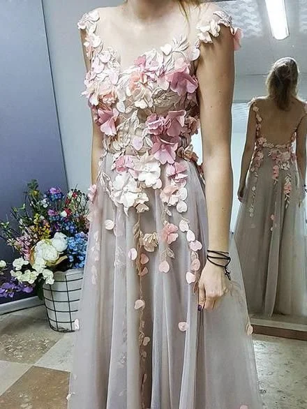 Woman Clothing Chic A-line Scoop Floral Prom Dress Floor Length Prom Dresses Applique Evening Dresses  S15604