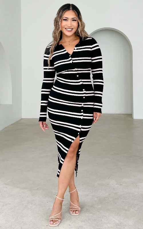 Business Casual Outfits Sidney Knit Midi Dress - Black Beige Stripes