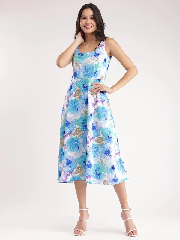 Luxe Women's Fashion Floral Fit And Flare Dress - Blue