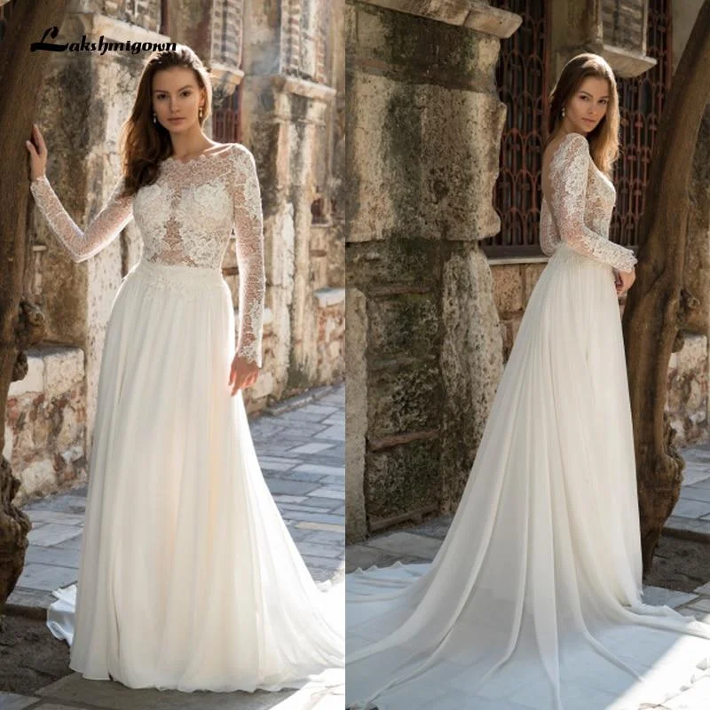 Chic Outfits Roycebridal Long sleeves lace Court Train Wedding Dress