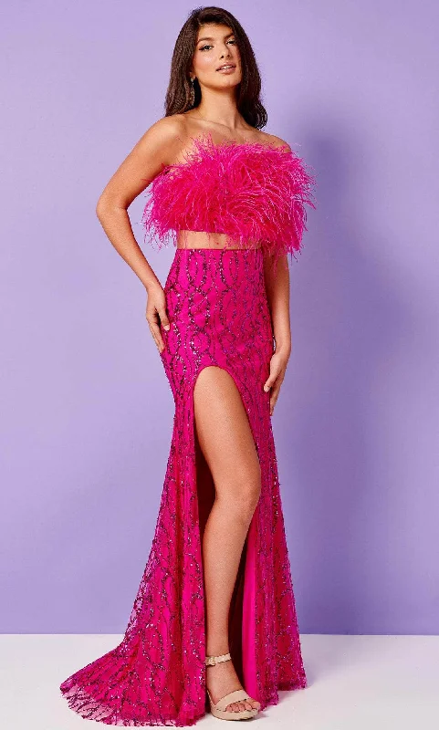 Style Upgrade Rachel Allan 70467 - Two Piece Feathered Top Slit Gown