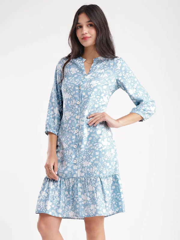 Budget-Friendly Fashion Floral Print Tiered Dress - Blue