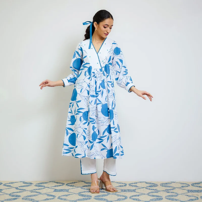 Online Boutiques Best Electric Blue Love is in the Air Cotton Kurta Set with Hand Embroidery Detail