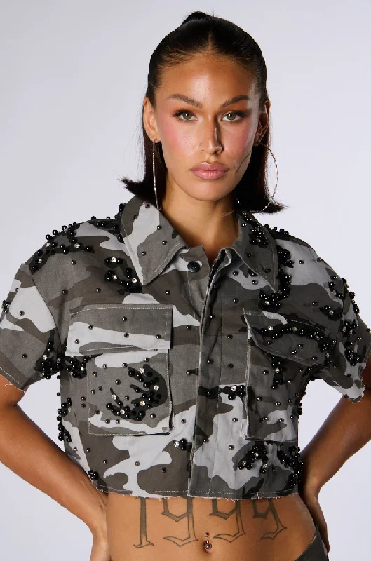 Elegant Attire For The Modern Lady APPLY PRESSURE GREY CAMO CROPPED BUTTON DOWN