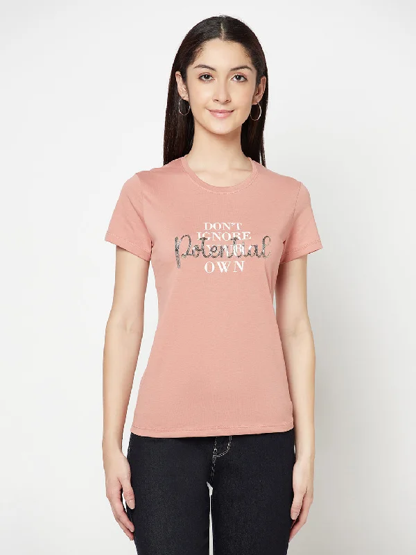 Chic & Cozy Apparel Women's Casual Regular Short Sleeve Coral Round neck Sequin work & Print T-Shirt