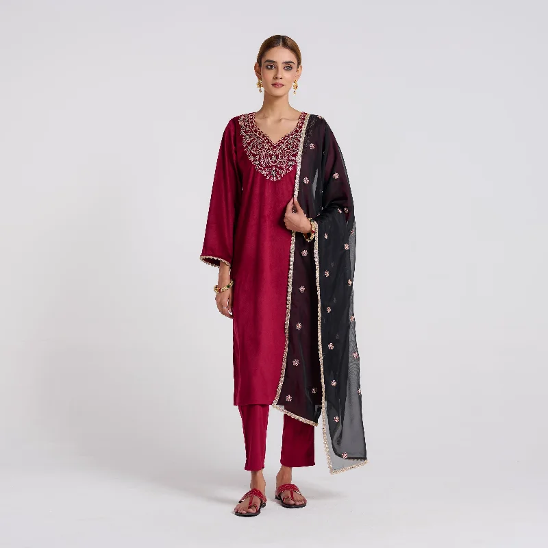 Clothes For Women Maroon Blue Embroidered Amara Velvet Kurta Set with Dupatta