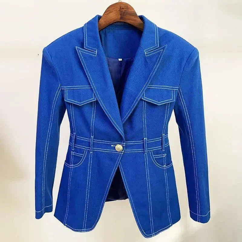 Trendy Threads Stitched Denim Blazer Women - Casual - Plain-Solid