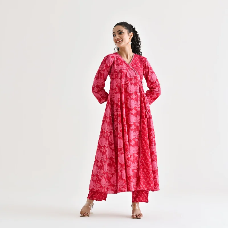 Trendy Fashion For Women Red Floral Angarakha Cotton Co-ord Set with Embroidered Neckline