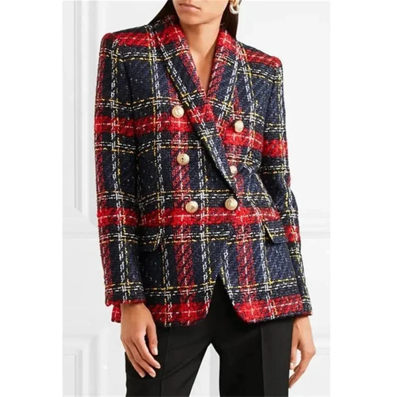 Versatile Outfits Plaid Tweed Blazer - Double-Breasted Blazer Women - Casual - Plaid