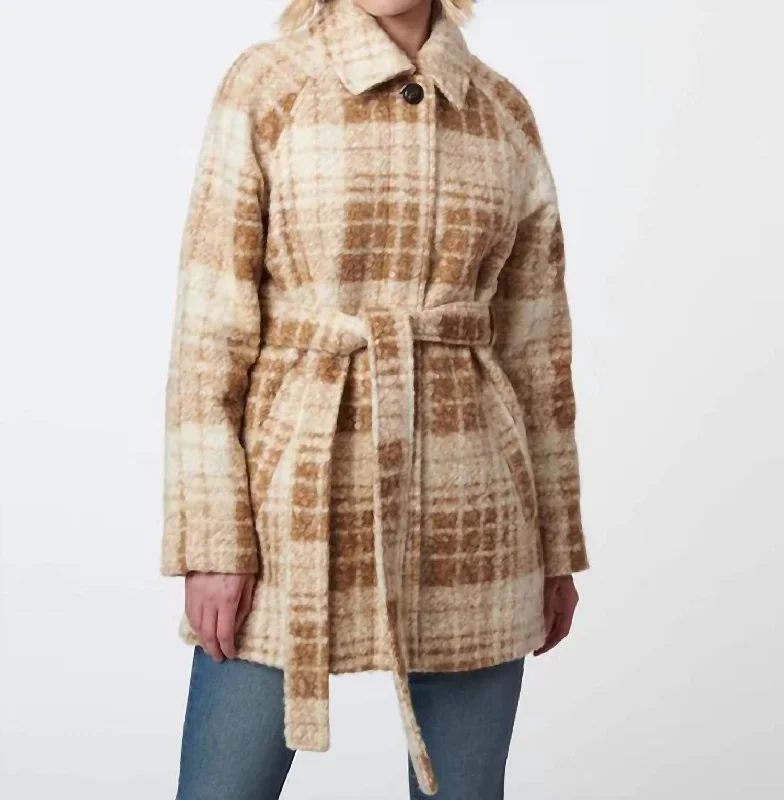 Tartan Belted Wool Jacket In Camel