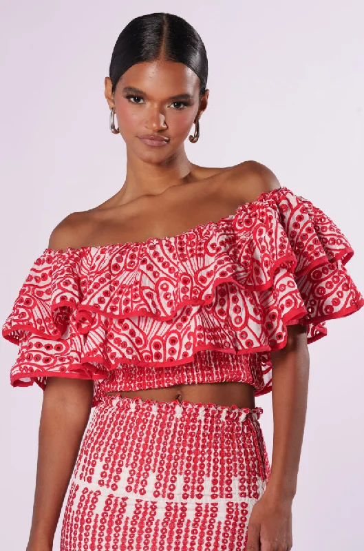 Big Discounts SUMMER LOVING OFF THE SHOULDER RUFFLE CROP BLOUSE