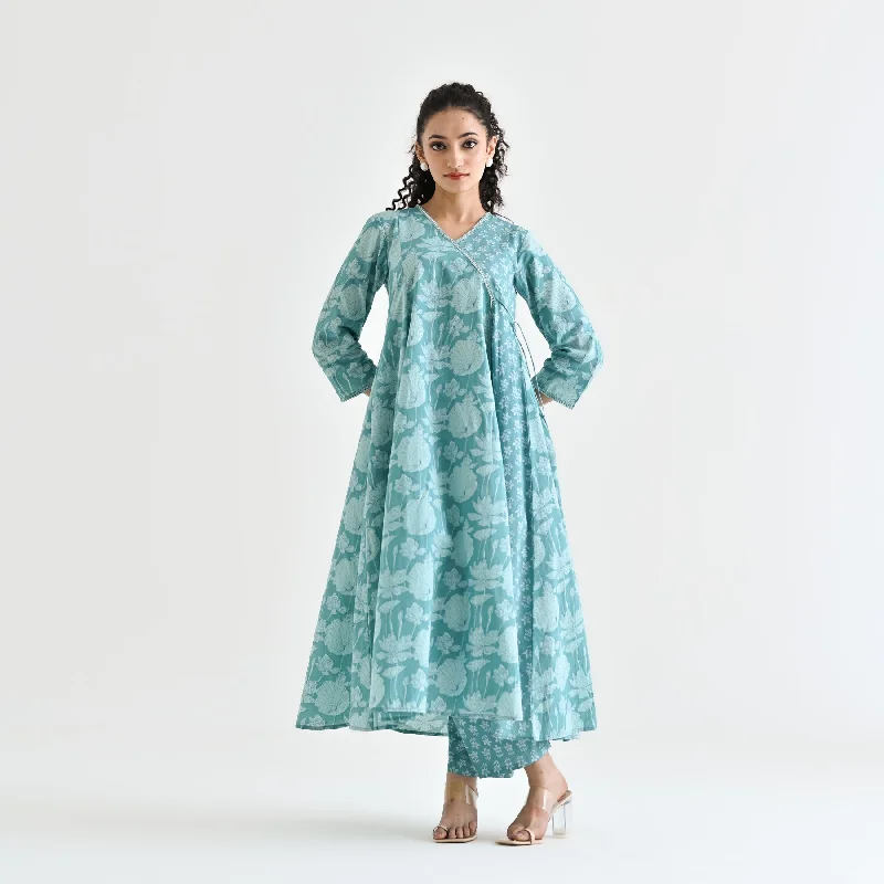 Luxe Women's Fashion Light Blue Floral Angarakha Cotton Co-ord Set with Embroidered Neckline