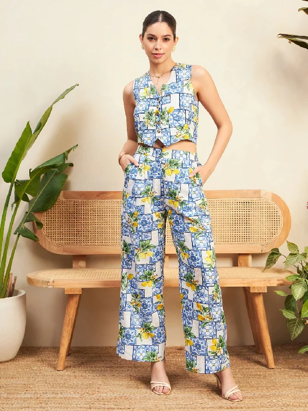 Versatile Wardrobe Essentials Printed Linen 2 Piece Vest and Pants Set