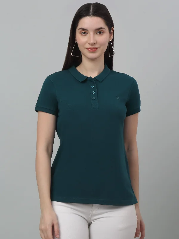 Limited Time Deal Women's Casual Regular Short Sleeve Teal Polo neck  T-Shirt