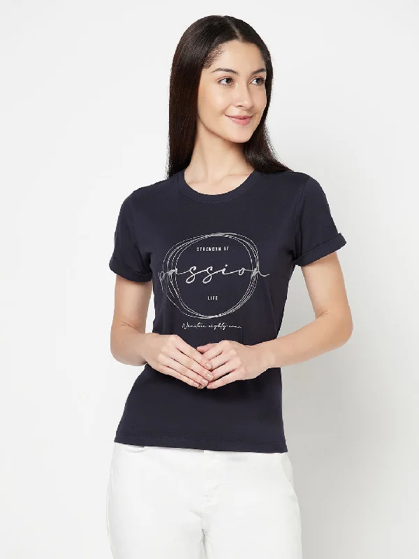 Style Upgrade Women's Casual Regular Short Sleeve Navy Blue Round neck Graphic Print T-Shirt