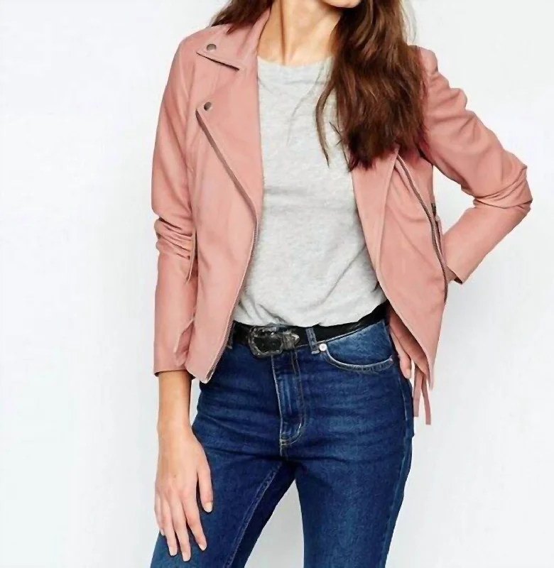 Holmdale Leather Moto Biker Jacket In Pink