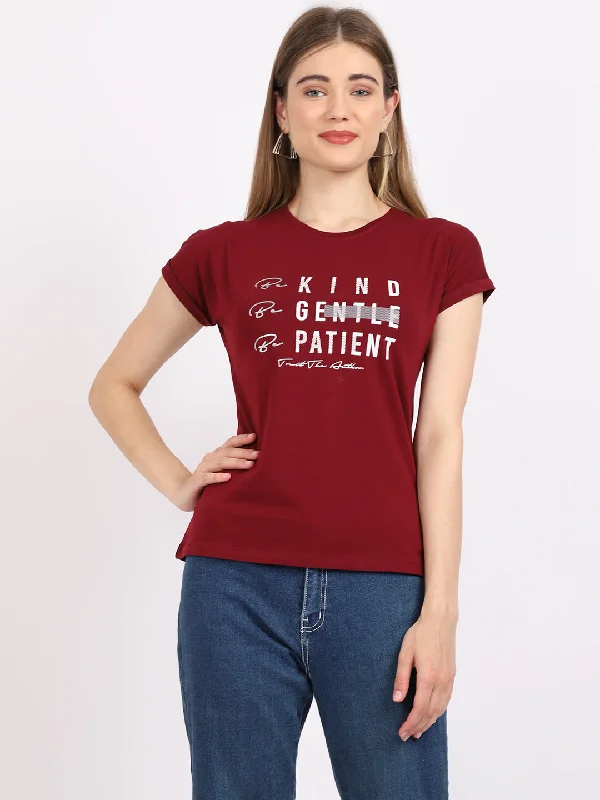 Elegant Styles Women's Casual Regular Short Sleeve Wine Round neck Typographic Print T-Shirt