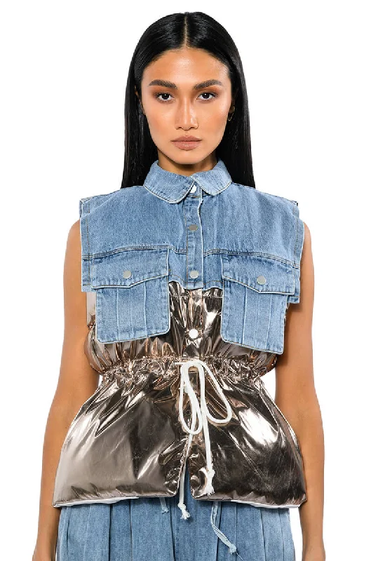 Best Boutiques Online TO THE MOON METALLIC PUFFER VEST WITH DENIM