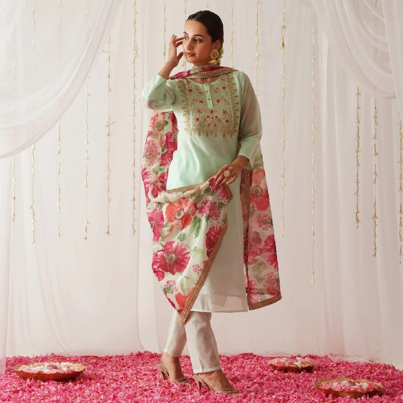 Eclectic Fashion Mint Green Embroidered Chanderi Kurta Set for Women