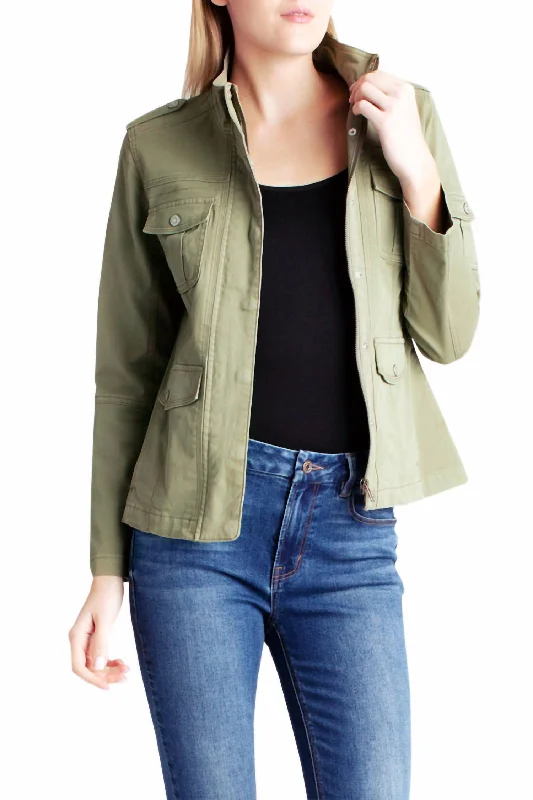 Zipper Front Utility Jacket With Pockets In Vineyard Green