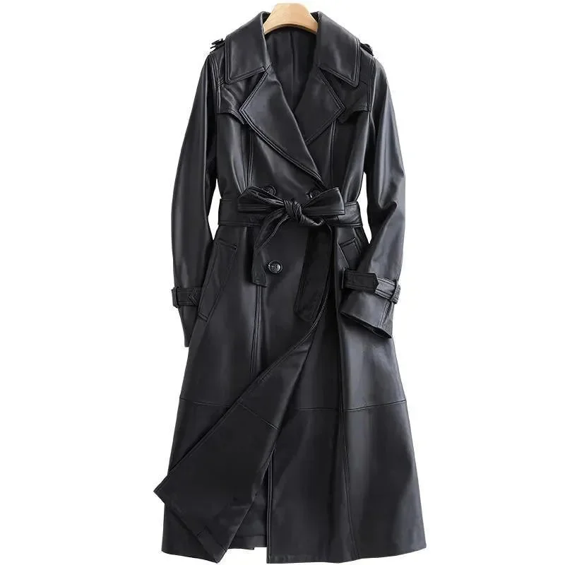 Sale For Women Black Lapel Leather Trench Coat for Women