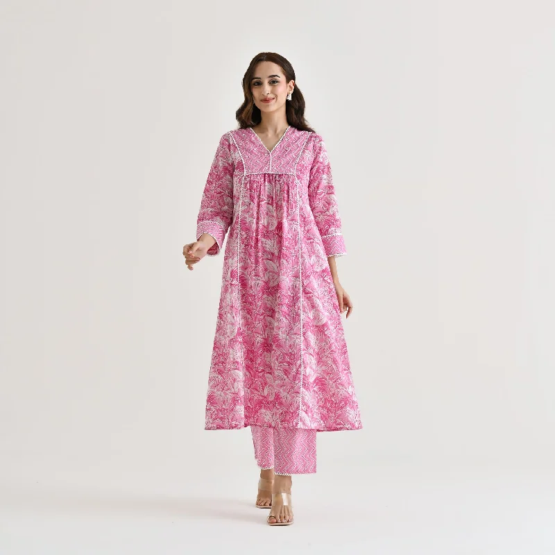 Affordable Online Boutiques Baby Pink Sanganeri Cotton Co-ord Set with Embroidery & Lace Details