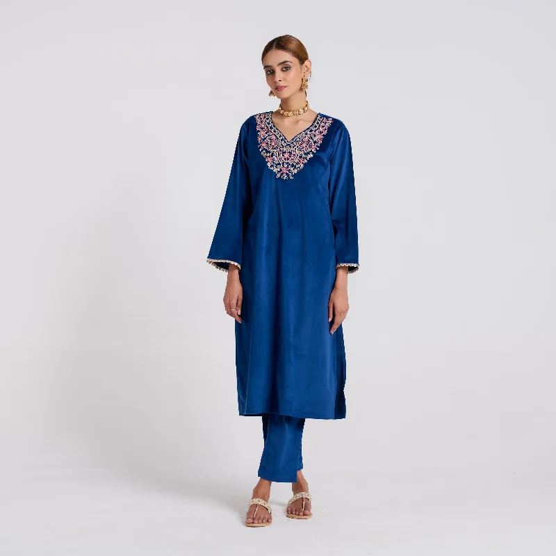 Fashion Women's Clothing Royal Blue Embroidered Amara Velvet Kurta Pant Set