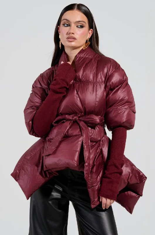 Exclusive Designer Collection RIB SLEEVE PEPLUM PUFFER IN BURGUNDY