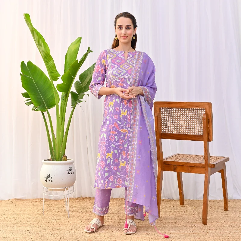 Relaxed Style Lilac Ikat Inspired Salwar Kurta Set with Dupatta