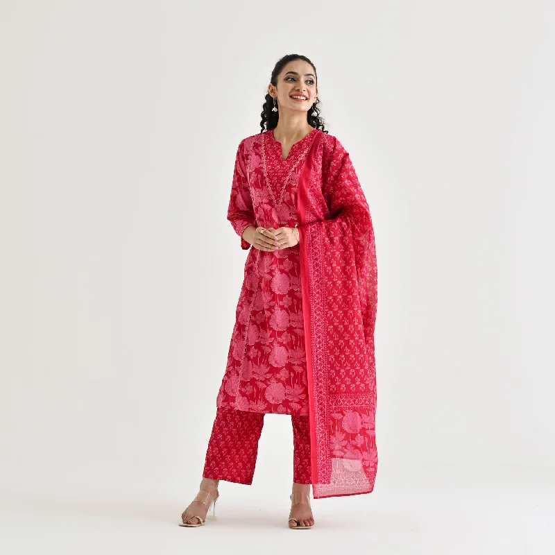 Timeless Classics Pink Lotus Printed Cotton Kurta Pant Dupatta Set with Lace & Embroidery Details