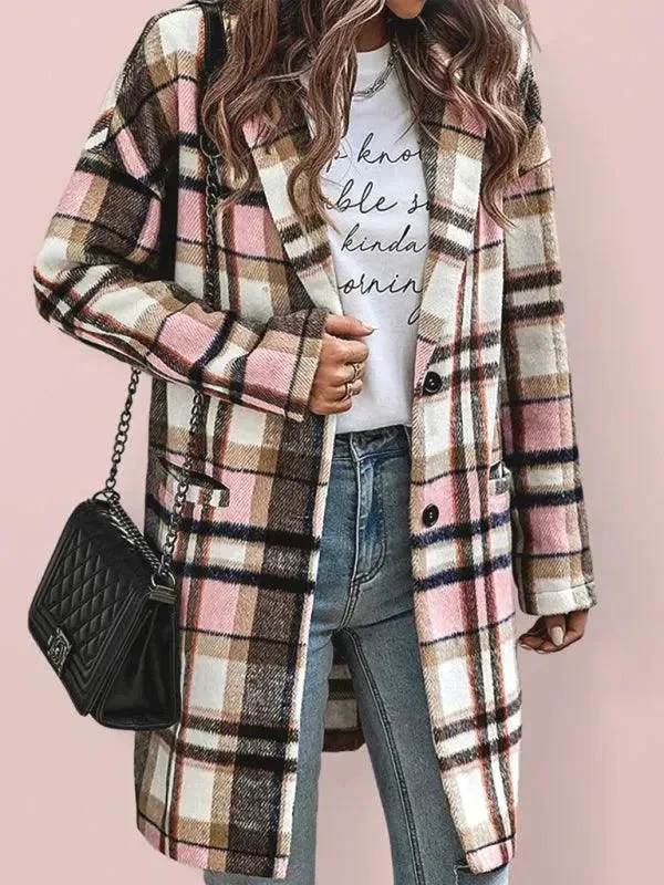 Plus Size Women Wear Winter Women Lapel Plaid Wool Overcoat