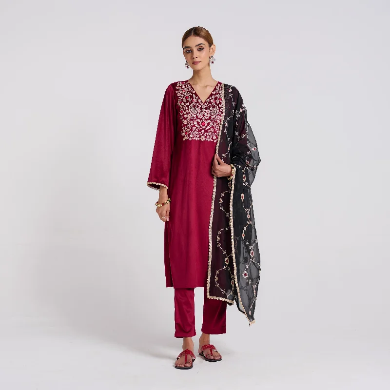 Best Online Women's Boutiques Maroon Embroidered Gulzaar Velvet Set with Dupatta