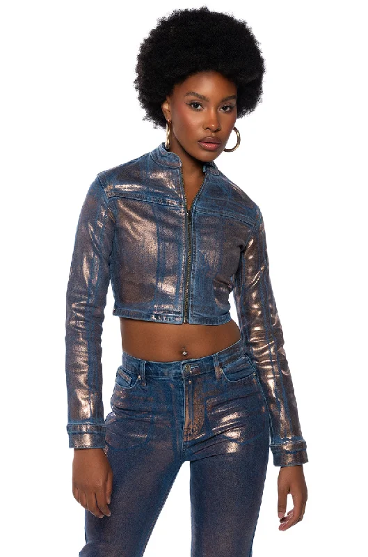 Unleash Your Trend Driven Style SHOW TIME METALLIC JEANS JACKET