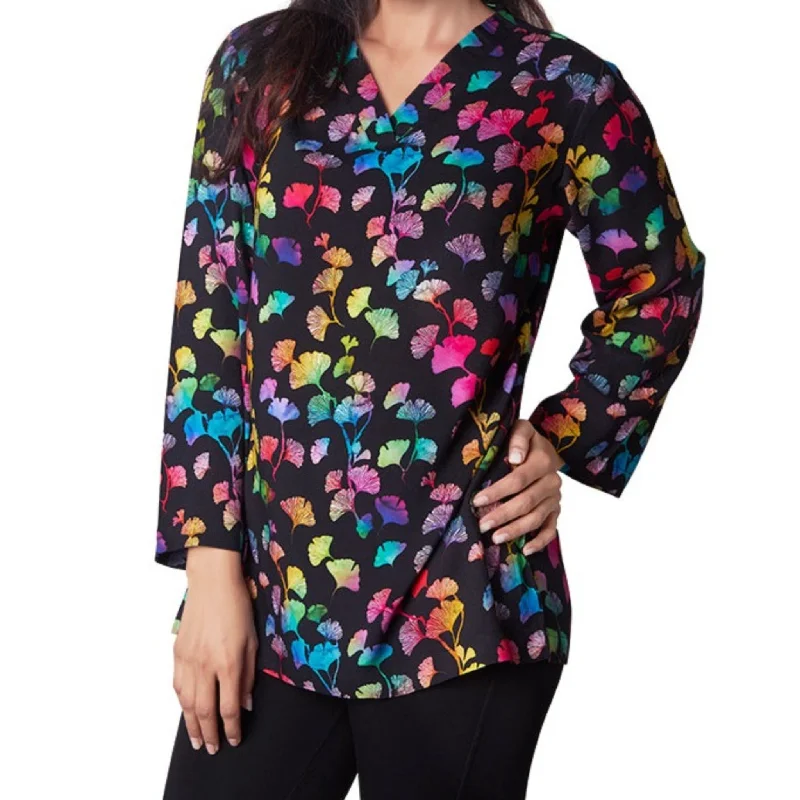 Women's Clothes Rainbow Ginkgo Leaves V-Neck Tunic Top [FINAL SALE]