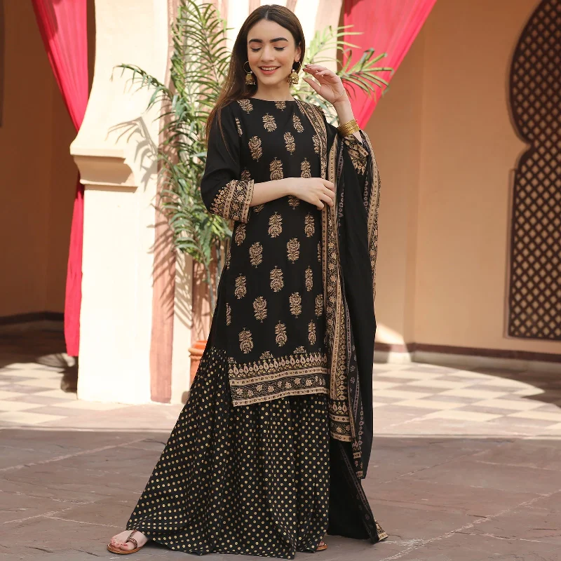 Flash Discount Black Festive Gold Gharara Kurta Set with Dupatta