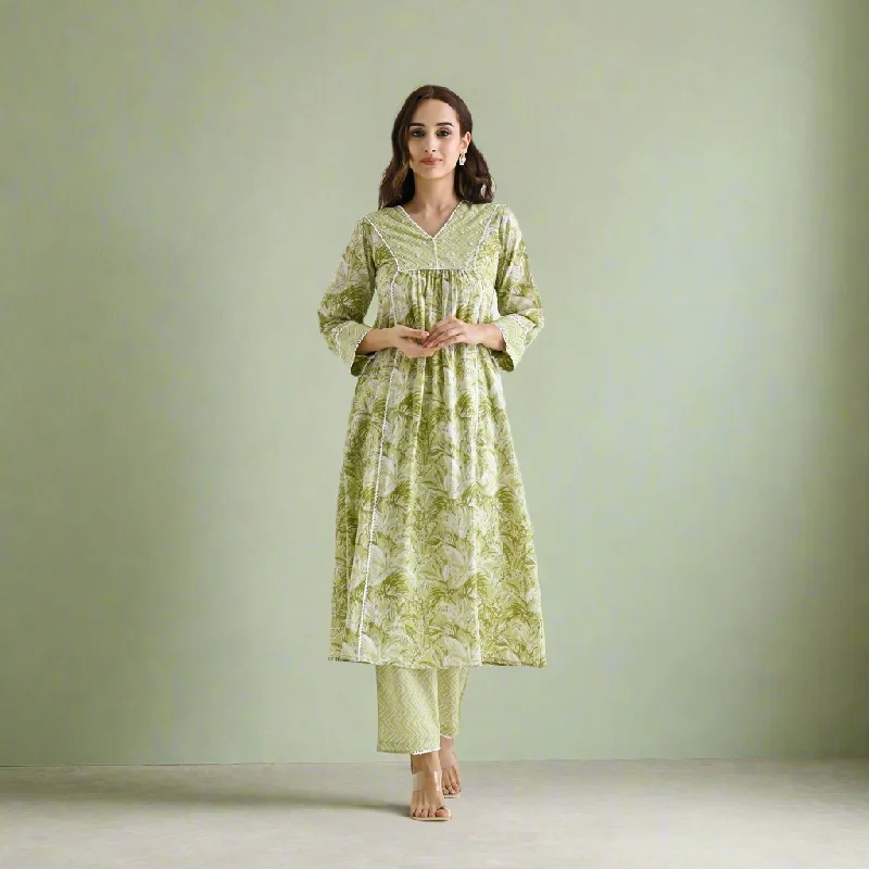 Modern Casual Clothing Lime Green Sanganeri Cotton Co-ord Set with Embroidery & Lace Details