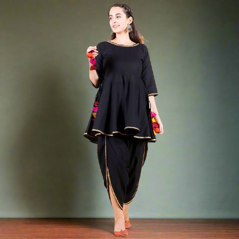 High End Women's Wear Black Dhoti Peplum Top Set with Multicolour Tassels