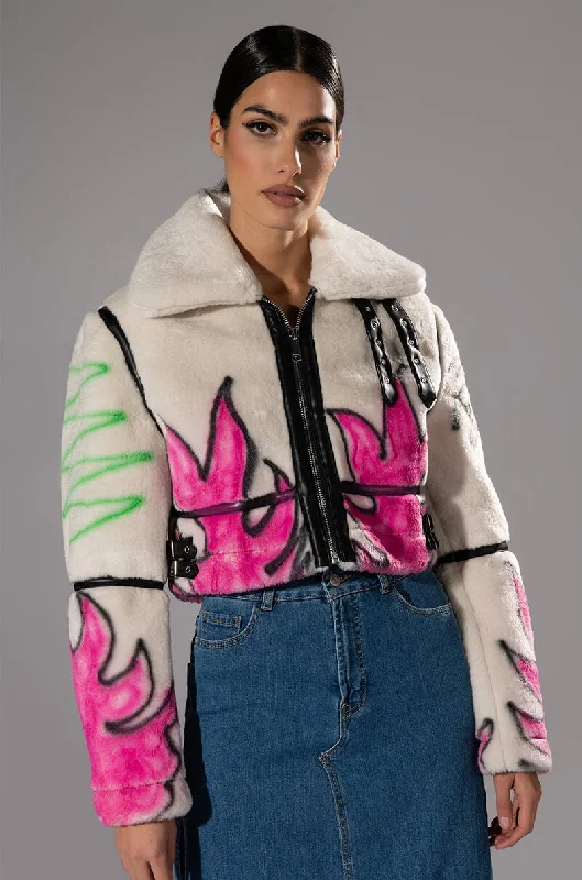 Online Boutiques Best CRUSHING IT GRAFITI CROPPED SHERPA JACKET