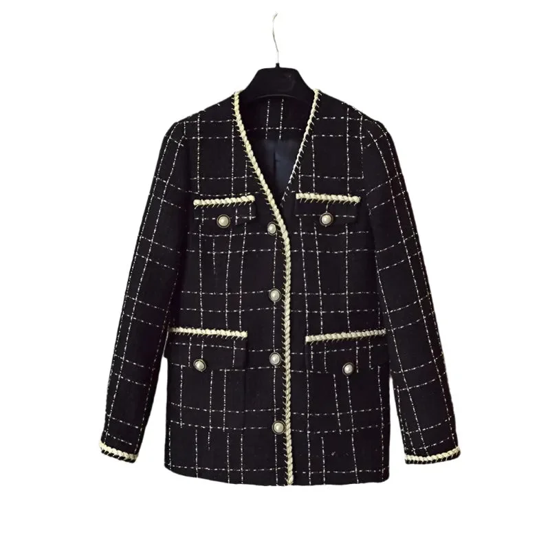 Trendy Outfits For Girls Black V-Neck Plaid Tweed Coat Women