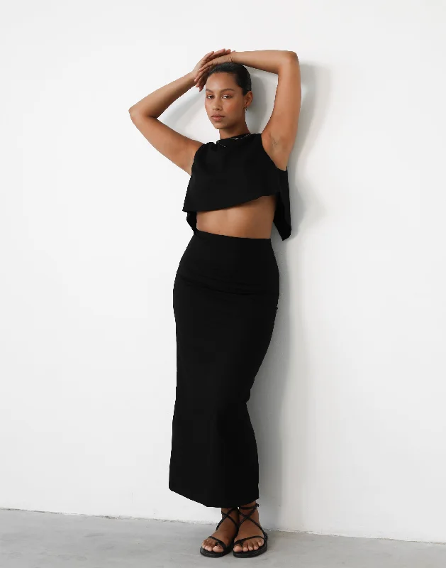 Sporty Streetwear Como Linen Maxi Skirt (Black)