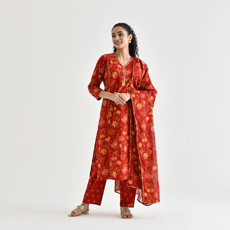 Women Clothes Red Floral Printed Cotton Kurta Pant Dupatta Set with Sequin Embroidered Neckline