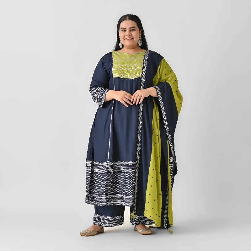 Casual Chic Clothing Blue & Olive Silver Printed Flared Kurta Dupatta Set with Gota Details - SOM