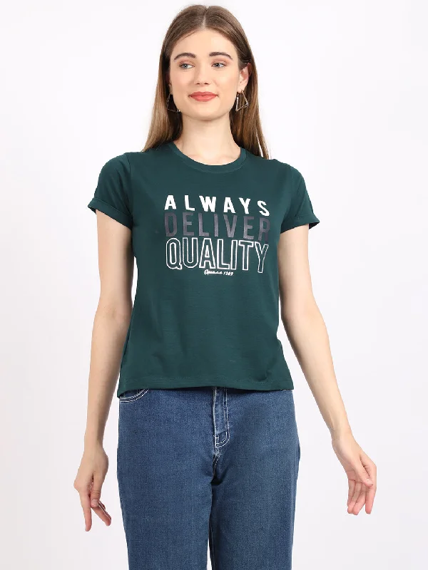 Stylish Savings Women's Casual Regular Short Sleeve Bottle Green Round neck Typographic Print T-Shirt