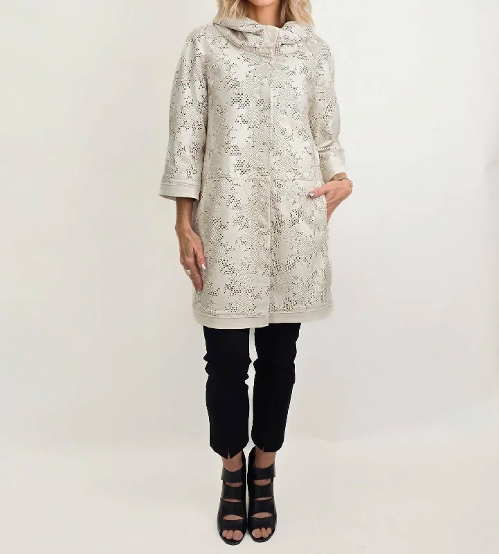 Perforated Leather Puffed Collar Jacket In Ivory