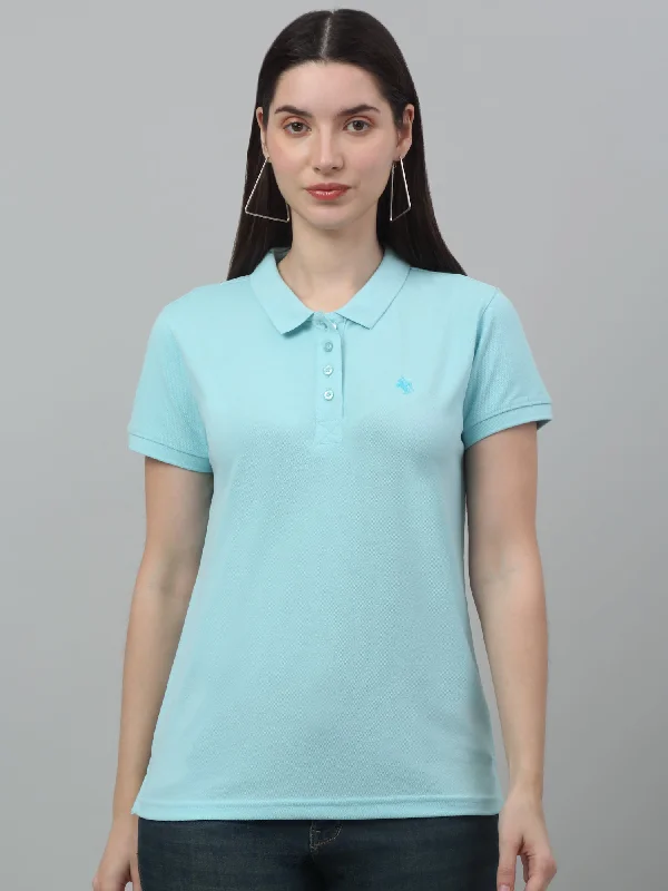 Wardrobe Refresh Women's Casual Regular Short Sleeve Aqua Polo neck  T-Shirt