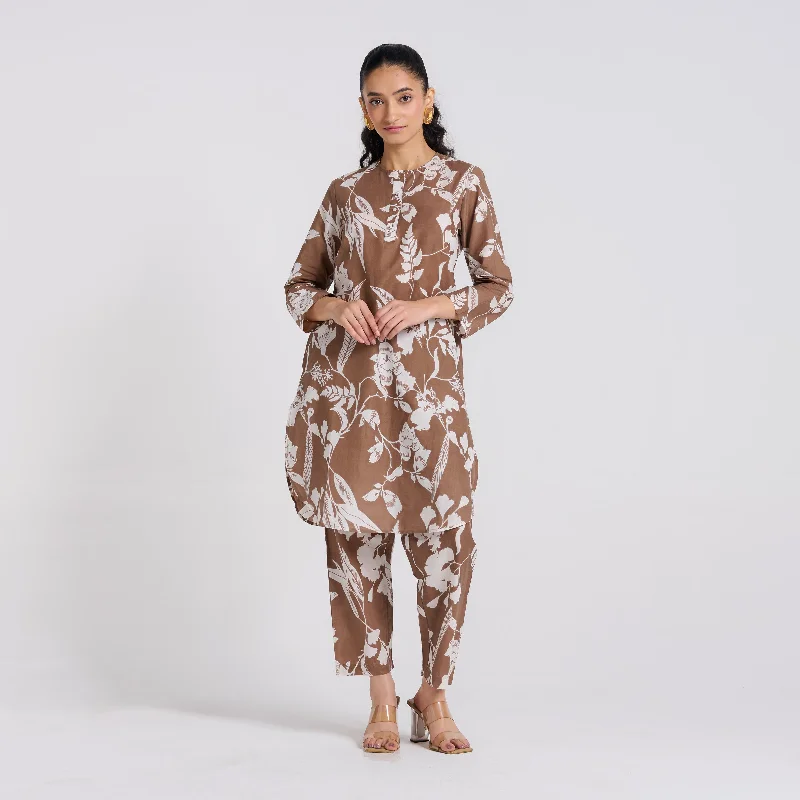 Graceful Fashion Brown Floral Pure Cotton Co-ord Set