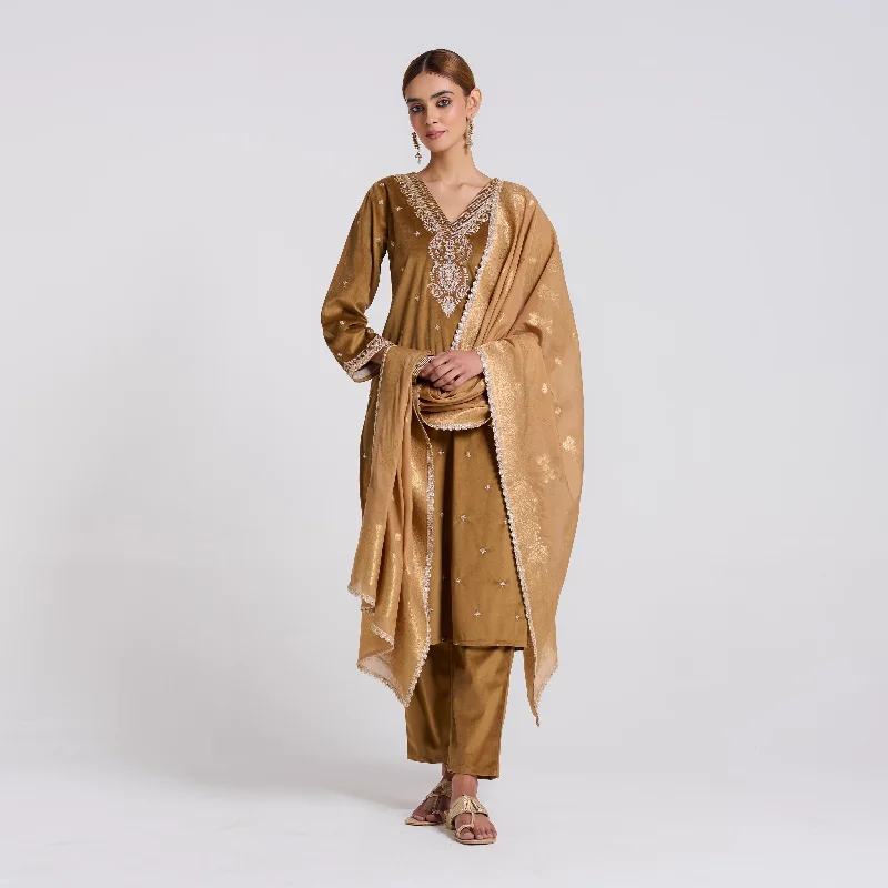 Big Sale Event Brown Ochre Varak Embroidered Velvet Set with Brocade Dupatta