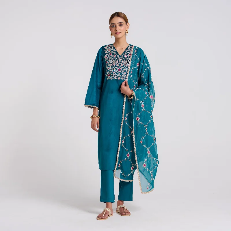 Women Apparel Teal Embroidered Gulzaar Velvet Set with Dupatta