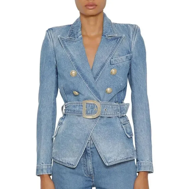 Style Breakthroughs Belted Denim Blazer Women - Casual - Plain-Solid