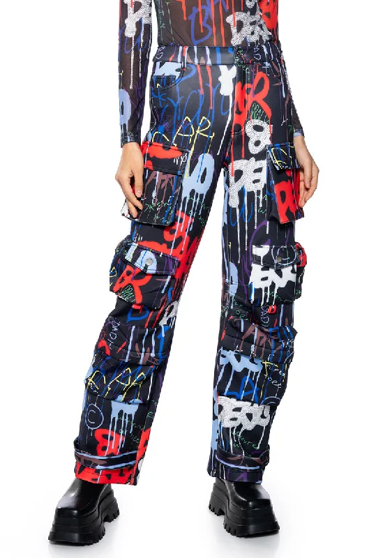 The Epitome Of Modern Women's Fashion TAG ME GRAFFITI EMBELLISHED SCUBA CARGO PANTS